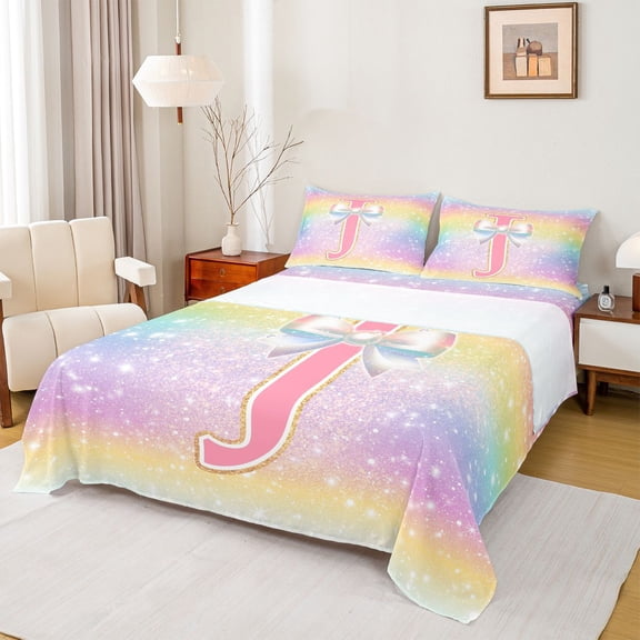 Homewish Ribbon Initial J King Sheet Set, Dreamy Cartoon Rainbow Stars Bedding, 4pcs