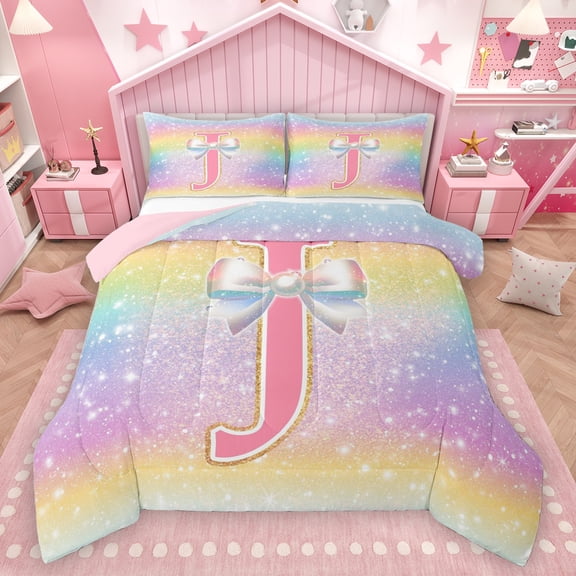 Homewish Ribbon Initial J Letter Bedding Comforter Set, Dreamy Cartoon Rainbow Twin Comforter Sets, Glitter Stars Print Reversible Bedding Set, Super Cozy Room Decor, 2 Pieces