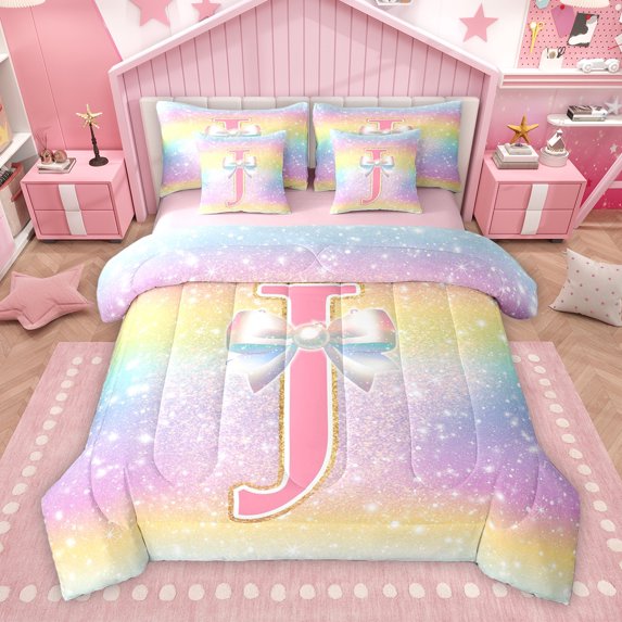 Homewish Ribbon Initial J Letter Twin Bedding Sets 7-Piece, Dreamy Cartoon Rainbow Bedding Comforter Set, Glitter Stars Print Reversible Sheet Sets, Super Cozy Room Decor