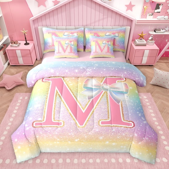 Homewish Ribbon Initial M Letter Bedding Comforter Set 7pcs, Dreamy Cartoon Rainbow Queen Bedding Sets, Glitter Stars Print Reversible Queen Sheet Sets, Microfiber Bedroom Decor