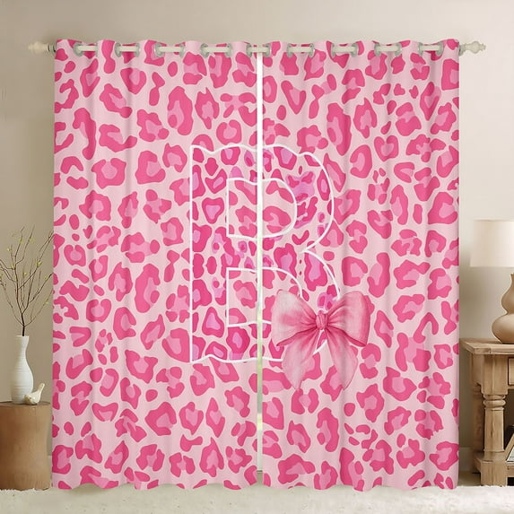 Manfei Ribbon Monogrammed B Black Out Curtains for Girl, Kawaii Princess Style Curtains Pack of 2 (42x63 Each), Black Pink Cheetah Print Bedroom Curtains, Curtains and Drapes Decor