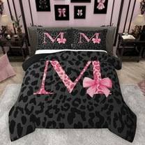 Homewish Ribbon Monogrammed M Bedding Comforter Set for Girl, Kawaii Princess Style Twin Comforter Sets, Black Pink Cheetah Print Reversible Bedding Set, Super Cozy Room Decor, 2 Pieces