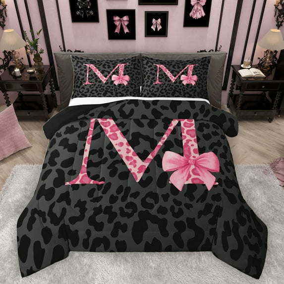 Homewish Ribbon Monogrammed M Bedding Comforter Set for Girl, Kawaii Princess Style Twin Comforter Sets, Black Pink Cheetah Print Reversible Bedding Set, Super Cozy Room Decor, 2 Pieces