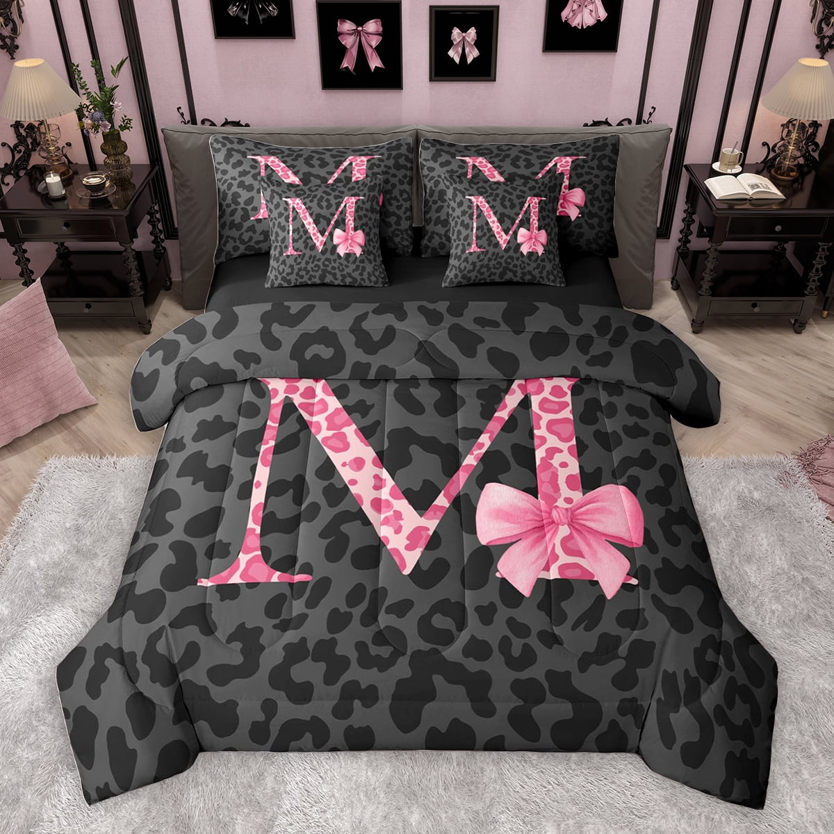 Reversible Sheets Homewish Ribbon Monogrammed M Twin Bedding Sets 7-Piece for Girl ...