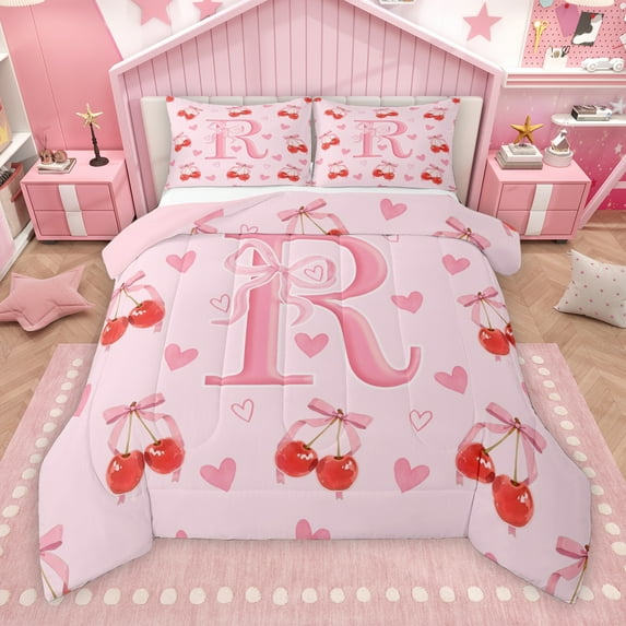 Manfei Ribbon Monogrammed R Full Size Comforter Sets for Girls, Initial B to Z Bedding Comforter Set, Princess Bowknot Cartoon Reversible Bedding Sets, Lightweight Room Decor, 3-Piece