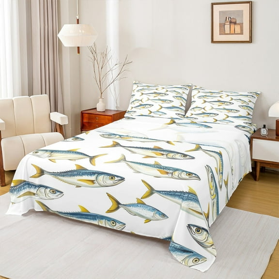 Manfei River Fish Bed Sheets 4 Pieces, Rustic Lodge Cabin King Sheets, Fishing Hunting Sheet Set, Microfiber Bedroom Decor