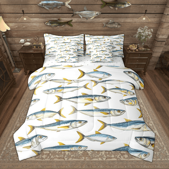 Manfei River Fish Bedding Comforter Set 7 Pieces, Rustic Lodge Cabin King Bedding Sets, Fishing Hunting Bed Sheets, Microfiber Bedroom Decor