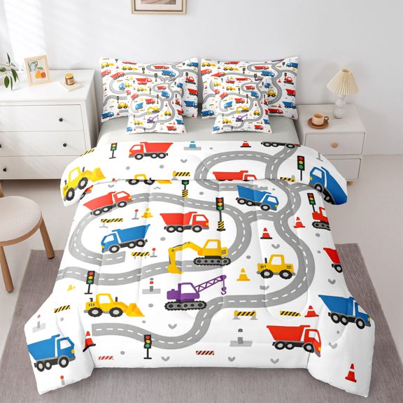 Manfei Road Map 7pcs Queen Bedding,Cartoon Car Pattern Bedding Comforter Set Queen,White,Light Gray Reversible