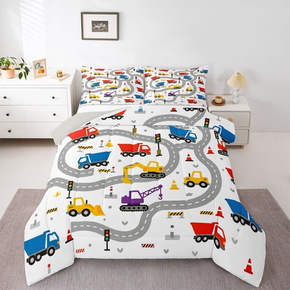 Manfei Road Map Queen Comforter Set,Cartoon Car Pattern Comforter Sets Queen,White,Light Gray Reversible,3-Piece,1 Comforter and 2 Pillowcases
