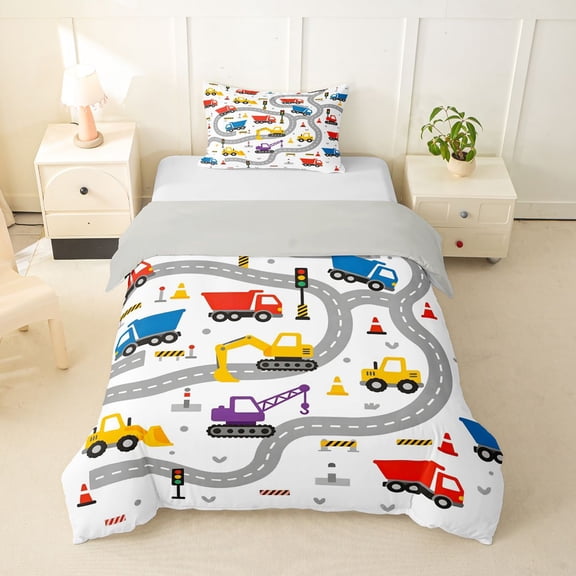 Manfei Road Map Twin Duvet Cover,Cartoon Car Pattern Twin Bedding,White,Light Gray Reversible,2 Pieces,1 Duvet Cover and 1 Pillowcase