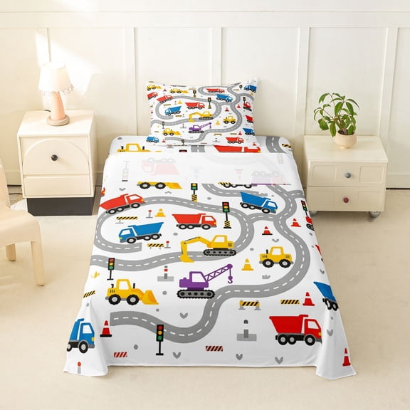 Manfei Road Map Twin Sheets,Cartoon Car Pattern Bedding,White,3 Pieces,1 Fitted Sheet and 1 Pillowcase