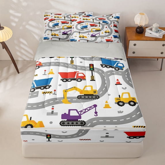 Manfei Road Map Zipper Full Size Comforter Sets with Fitted Sheet and 2 Pillowcases,Cartoon Car Pattern Zipper Bedding Set,White,Light Gray Reversible,4pcs