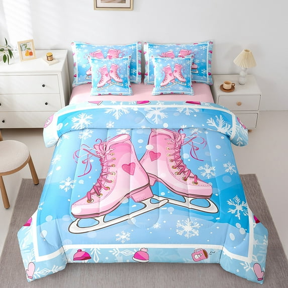 Manfei Roller Skating 7pcs Bedding Comforter Set,Ice Skates Queen Bedding Sets Super Cozy,Blue Pink Queen Sheet Sets,Lightweight Snowflake Room Decor,Reversible
