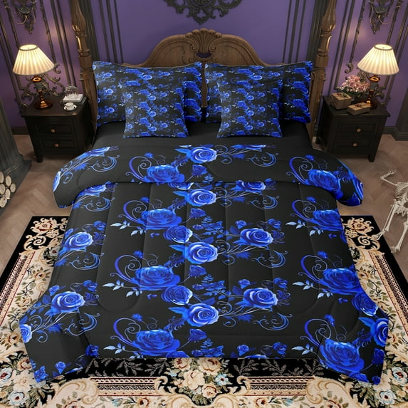 Manfei Romantic Blue Rose 7-Piece Twin Bedding Sets, Western Valentines Day Bedding Comforter Set, Teens Adult Men Women Reversible Sheet Sets, Luxury Bedroom Decor