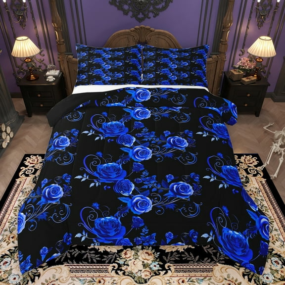 Manfei Romantic Blue Rose Bedding Comforter Set, Western Valentines Day Twin Comforter Sets, Teens Adult Men Women Reversible Bedding Set, Luxury Bedroom Decor, 2-Piece