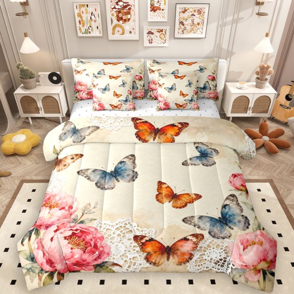 Manfei Romantic Butterflt Female 7-Piece Twin Bedding Sets, Retro French Flower Bedding Comforter Set, Countryside Style Sheet Sets, Breathable Home Decor