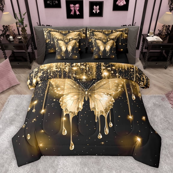 Homewish Romantic Butterfly Animal Bedding Comforter Set 7 Pieces, Gold Sequin Print Full Bedding Set, Couple Anniversary Reversible Fitted Sheet Flat Sheet, Luxury Bedroom Decor