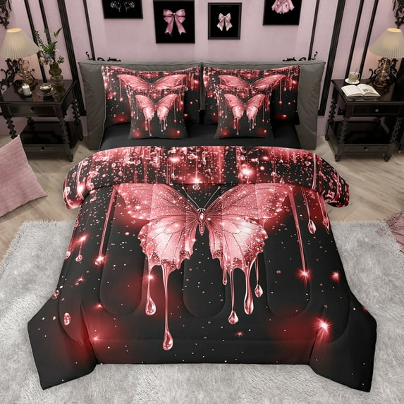 Homewish Romantic Butterfly Animal Bedding Comforter Set 7pcs, Red Sequin Print King Bedding Sets, Couple Anniversary Reversible Bed Sheets, Ultra Soft Bedroom Decor