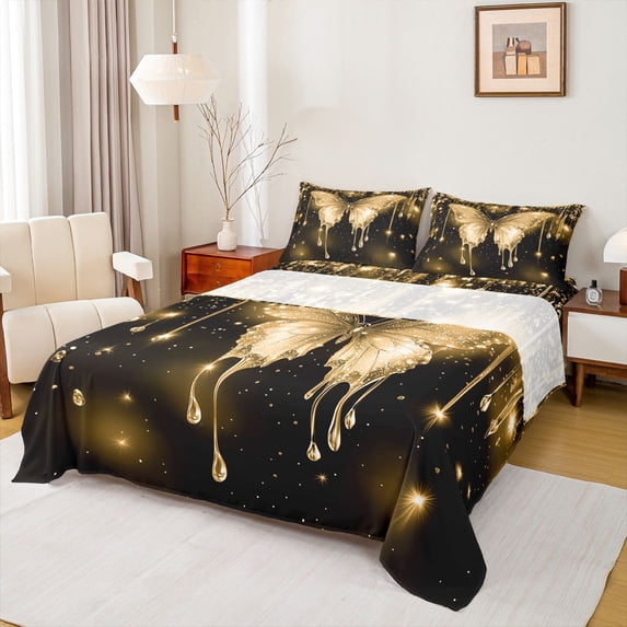 Homewish Romantic Butterfly Animal Full Size Sheets, Gold Sequin Print Bed Sheets, Couple Anniversary Sheet Sets, Luxury Bedroom Decor, 4-Piece