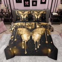 Homewish Romantic Butterfly Animal Twin Bedding Sets 7-Piece, Gold Sequin Print Bedding Comforter Set, Couple Anniversary Reversible Sheet Sets, Luxury Bedroom Decor