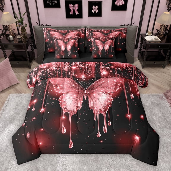 Homewish Romantic Butterfly Animal Twin Bedding Sets 7-Piece, Red Sequin Print Bedding Comforter Set, Couple Anniversary Reversible Sheet Sets, Ultra Soft Bedroom Decor