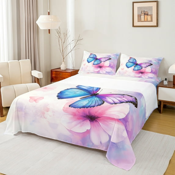 Manfei Romantic Butterfly Full Size Sheets, Blossoms Flower Floral Bed Sheets, Teen Kid Child Adult Sheet Sets, Ultra Soft Home Decor, 4pcs