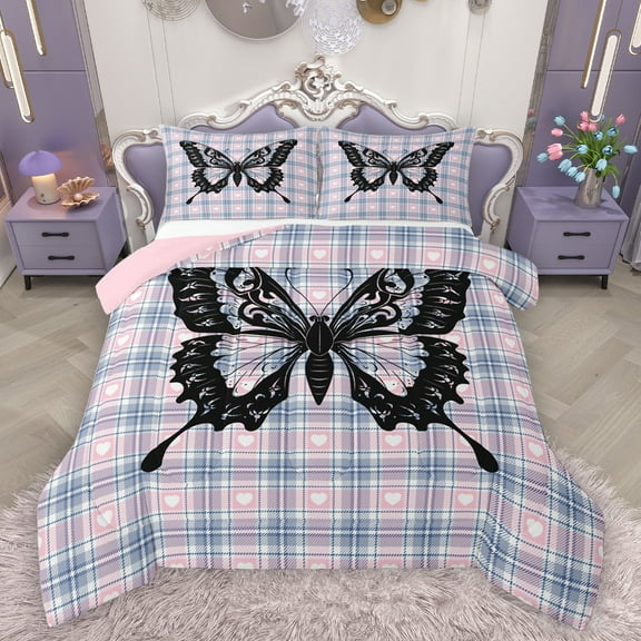 Homewish Romantic Butterfly Print Bedding Comforter Set, Kawaii Cartoon Animal Twin Comforter Sets, Blue Pink Fashion Buffalo Reversible Bedding Set, Breathable Home Decor, 2 Pieces