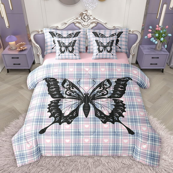 Manfei Romantic Butterfly Print Twin Bedding Sets 7-Piece, Kawaii Cartoon Animal Bedding Comforter Set, Blue Pink Fashion Buffalo Reversible Sheet Sets, Breathable Home Decor