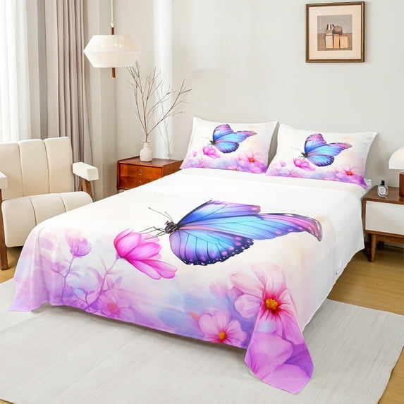 Manfei Romantic Butterfly Twin Sheet Sets, Girly Pink Flower Floral Twin Fitted Sheet, Teen Kid Child Adult Flat Sheet, Breathable Home Decor, 3pcs
