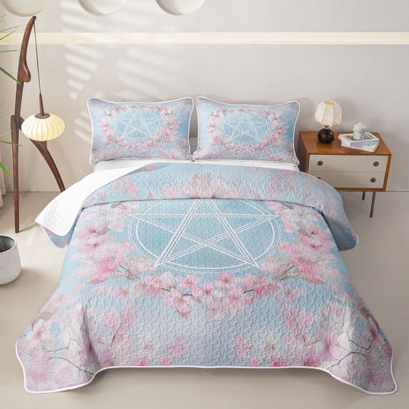 Manfei Romantic Cherry Blossom Twin Quilt Set,Cute Stars Twin Coverlet Set,Light Blue Pink,Pink Reversible,2pcs,1 Bedspread and 1 Pillowcase