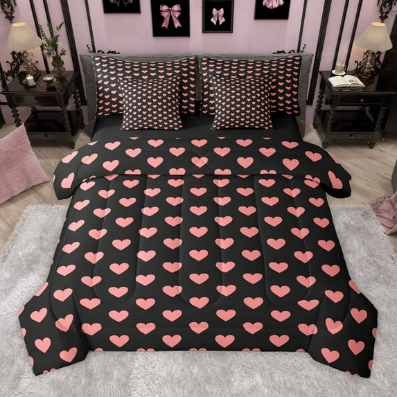 Manfei Romantic Couple Lover 7-Piece Twin Bedding Sets for Female Men Teens,Pink Love Heart Print Bedding Comforter Set,Valentine's Day Breathable Sheet Sets,Ultra Soft Home Decor,Reversible