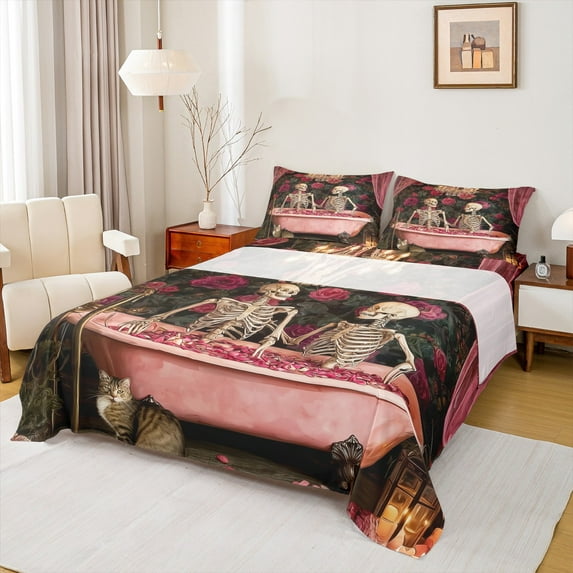 Manfei Romantic Couple Skull Bed Sheets for Adult, Vintage Pink Rose Flower King Sheets, Halloween Theme Sheet Set, Ultra Soft Home Decor, 4pcs