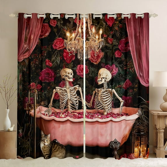 Manfei Romantic Couple Skull Curtains Pack of 2 (42x84 Each) for Adult, Vintage Pink Rose Flower Curtains Blackout, Halloween Theme Bedroom Curtains, Black Out Curtains Home Decor