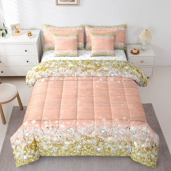 Manfei Romantic Diamond Pattern Bedding Comforter Set 7-Piece,Gold Glitter Print King Bedding Sets,Modern Aesthetic Art Bed Sheets For Girl Boy,Breathable Home Decor Reversible