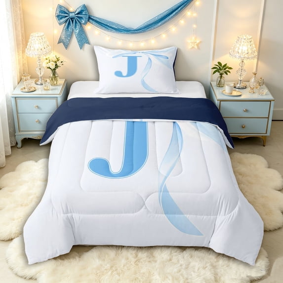 Manfei Romantic Dreamy J Personalized Initial Twin Comforter Sets 3-Piece for Girls Kids,Teens Women Kawaii Bow Tie Letter Bedding Set,Navy Blue Reversible,Lightweight Room Decor