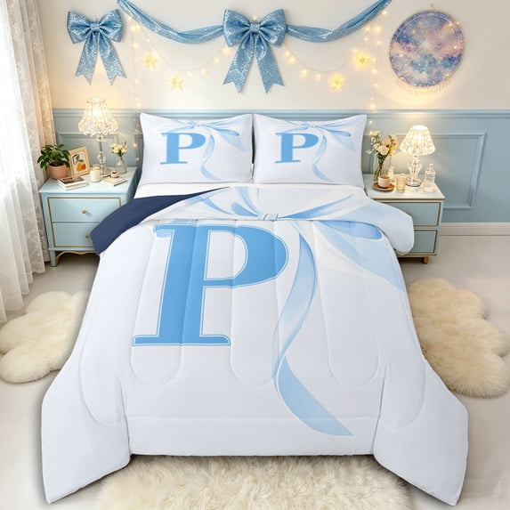 Manfei Romantic Dreamy P Personalized Initial Queen Comforter Set 3pcs for Girls Kids,Teens Women Kawaii Bow Tie Letter Bedding Comforter Set,Navy Blue Reversible,Microfiber Bedroom Decor
