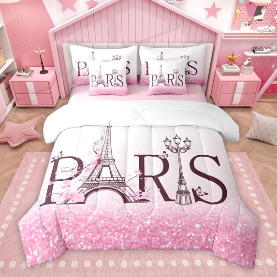 Homewish Romantic Eiffel Tower Bedding Comforter Set 7pcs, Pink Sequin Print King Bedding Sets, Anniversary Blossoms Floral Reversible Bed Sheets, Ultra Soft Bedroom Decor