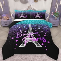 Manfei Romantic Eiffel Tower Bedding Comforter Set for Teens, Cyan Purple Stars Galaxy Twin Comforter Sets, Modern Fashion Reversible Bedding Set, Ultra Soft Bedroom Decor, 2-Piece