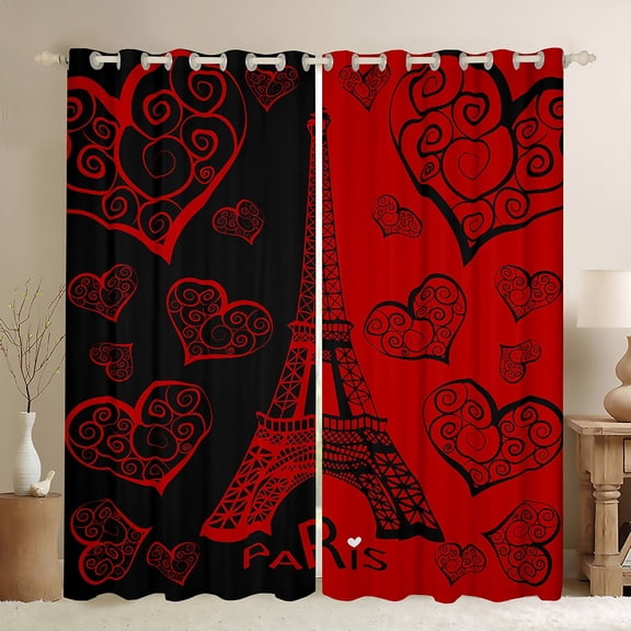Manfei Romantic Eiffel Tower Black Out Curtains, Valentines Day Curtains Pack of 2 (42x63 Each), Black Red Love Heart Bedroom Curtains, Living Room Curtains Decor