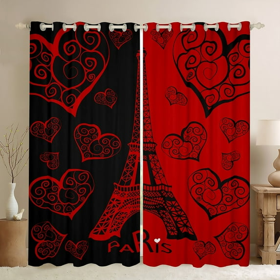 Manfei Romantic Eiffel Tower Curtains Pack of 2 (42x84 Each), Valentines Day Curtains Blackout, Black Red Love Heart Bedroom Curtains, Living Room Curtains Decor