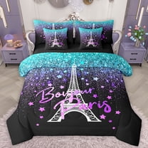 Manfei Romantic Eiffel Tower Twin Bedding Sets 7-Piece for Teens, Cyan Purple Stars Galaxy Bedding Comforter Set, Modern Fashion Reversible Sheet Sets, Ultra Soft Bedroom Decor
