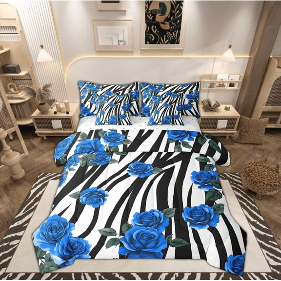 Manfei Romantic Floral Bedding Full Size, Black White Stripes Bed Set, Valentines Day Reversible Bedding Sets Full Size, Microfiber Bedroom Decorative, 7pcs