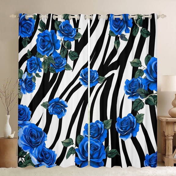 Manfei Romantic Floral Curtains for Living Room, Black White Stripes Blackout Curtains Set of 2 (42x63), Valentines Day Curtains and Drapes (42x63), Living Room Curtains Bedroom Decorative