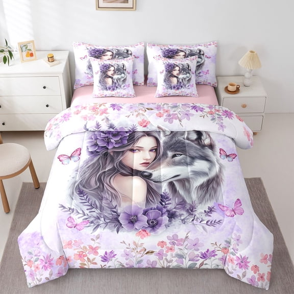 Manfei Romantic Floral Lady 7-Piece Twin Bedding,Gray Wolf Bedding Comforter Set,Pink Reversible