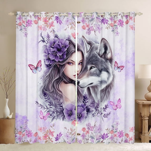 Manfei Romantic Floral Lady Kitchen Curtains,Gray Wolf Black Out Curtains Pack of 2 (42x63 Each)