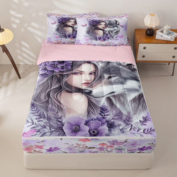 Manfei Romantic Floral Lady Zipper Twin Comforter Sets with Fitted Sheet and 2 Pillowcases,Gray Wolf Zipper Bedding Set,Pink Reversible,4pcs