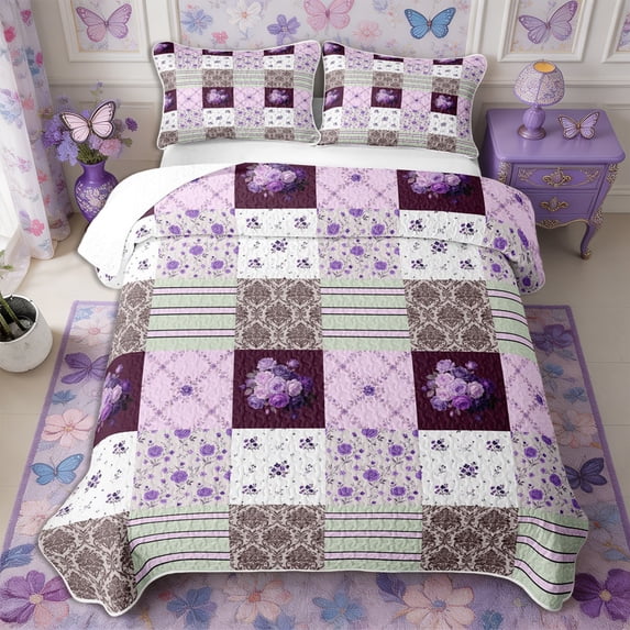 Manfei Romantic Floral Leaves Twin Quilt Set 2 Pieces,Boho Damask Plaid Twin Coverlet Set,1 Bedspread and 1 Pillowcase