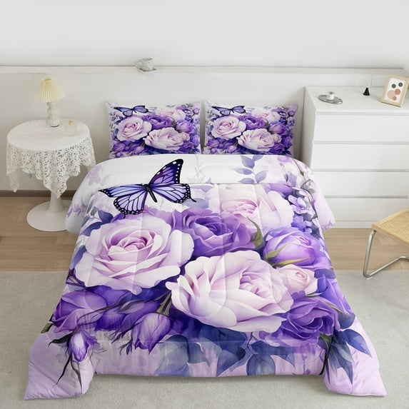 Manfei Romantic Flower Bedding Comforter Set,Rustic Floral Twin Comforter Sets,Purple Pink Bedding Set For Teens Girl,Breathable Home Decor Reversible,2 Pieces