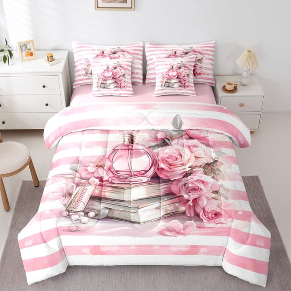 Manfei Romantic Flower Rose 7-Piece Bedding Comforter Set,Chic Women Perfume King Bedding Sets,Pink White Stripes Line Bed Sheets For Girl,Luxury Bedroom Decor Reversible