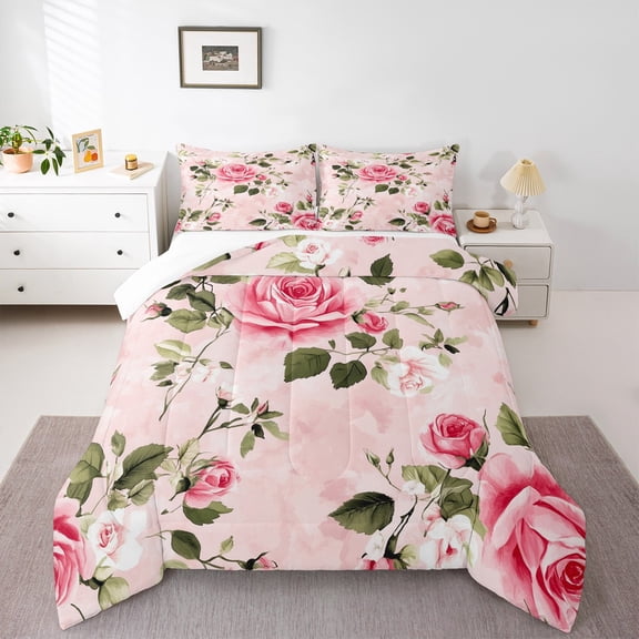 Manfei Romantic Flower Rose Bedding Comforter Set,Natural Botanical Theme Twin Comforter Sets,Pink Green Bedding Set For Children,Microfiber Bedroom Decor,2-Piece